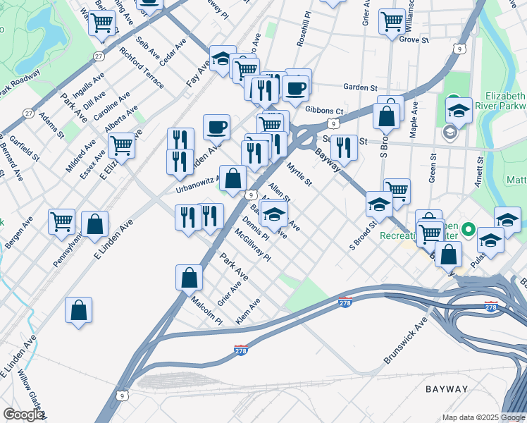map of restaurants, bars, coffee shops, grocery stores, and more near 703 Bacheller Avenue in Linden