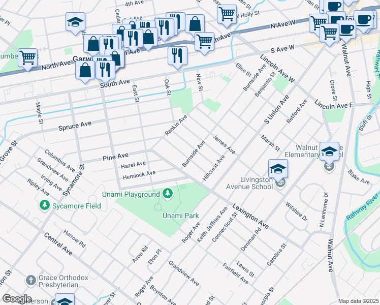 map of restaurants, bars, coffee shops, grocery stores, and more near 128 Burnside Avenue in Cranford