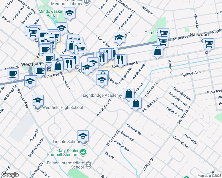 map of restaurants, bars, coffee shops, grocery stores, and more near 645 Central Avenue in Westfield