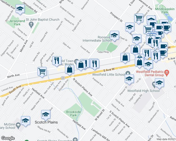 map of restaurants, bars, coffee shops, grocery stores, and more near 1020 South Avenue West in Westfield