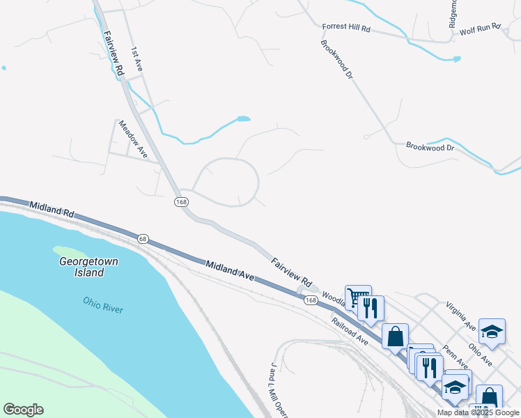 map of restaurants, bars, coffee shops, grocery stores, and more near 19 Midland Heights Circle in Midland