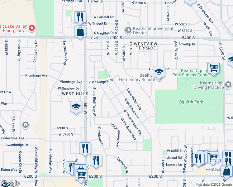 map of restaurants, bars, coffee shops, grocery stores, and more near 5418 West Stony Vista Drive in Kearns