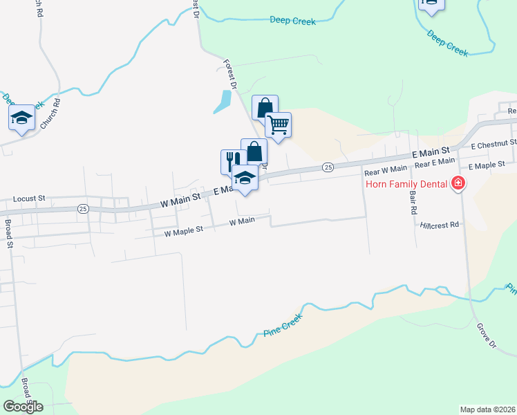map of restaurants, bars, coffee shops, grocery stores, and more near 155 East Main Street in Valley View