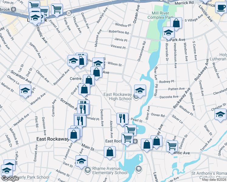 map of restaurants, bars, coffee shops, grocery stores, and more near 56 Ryder Avenue in East Rockaway