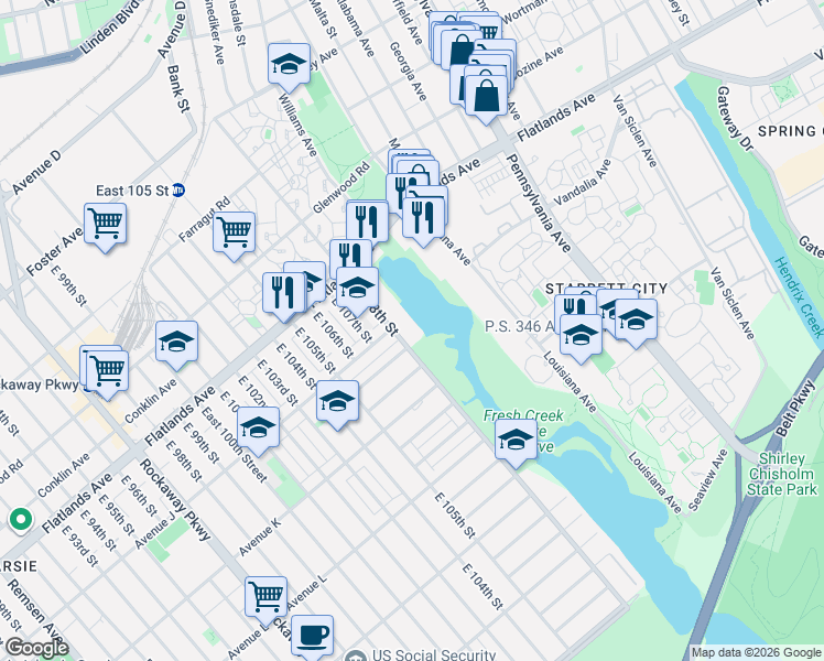 map of restaurants, bars, coffee shops, grocery stores, and more near 1031 East 108th Street in Brooklyn