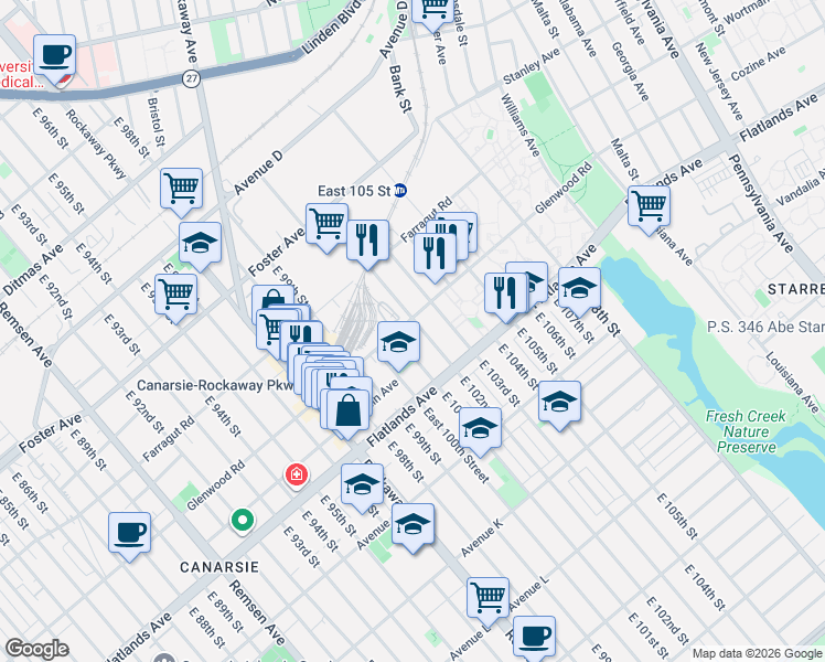 map of restaurants, bars, coffee shops, grocery stores, and more near 707 East 101st Street in Brooklyn