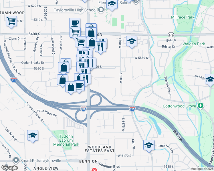 map of restaurants, bars, coffee shops, grocery stores, and more near 5693 South Redwood Road in Taylorsville