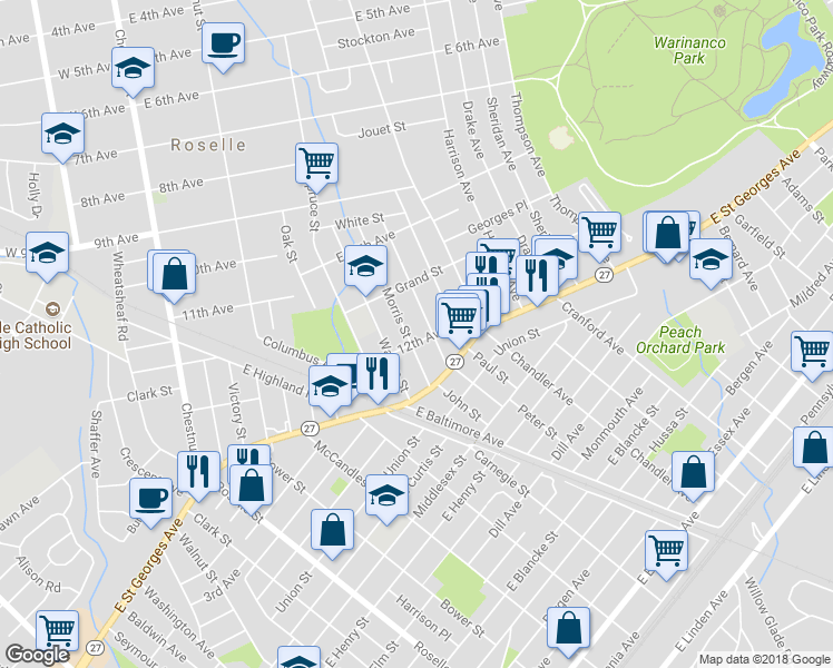 map of restaurants, bars, coffee shops, grocery stores, and more near 1266 East 12th Avenue in Roselle