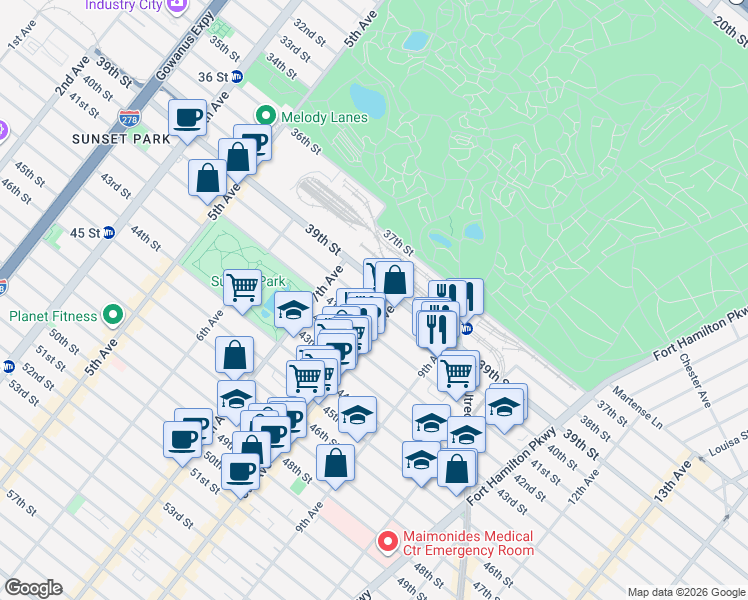 map of restaurants, bars, coffee shops, grocery stores, and more near 765 40th Street in Brooklyn