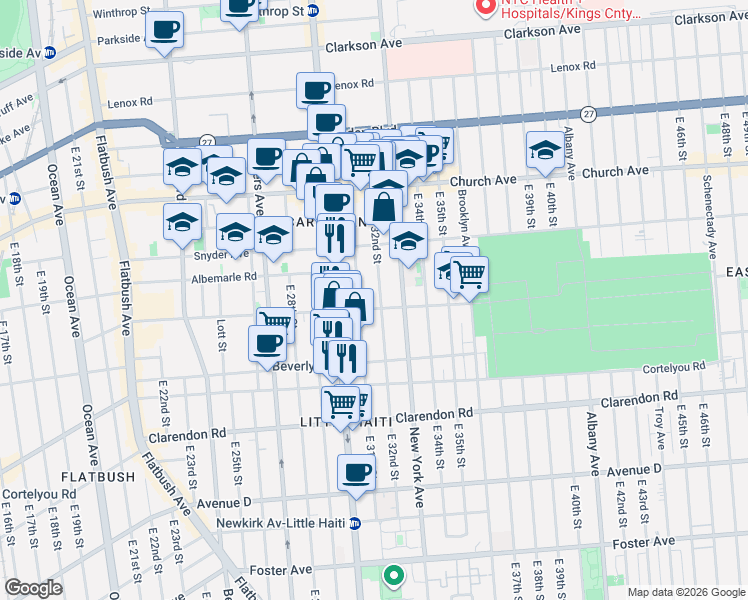 map of restaurants, bars, coffee shops, grocery stores, and more near 3201 Tilden Avenue in Brooklyn