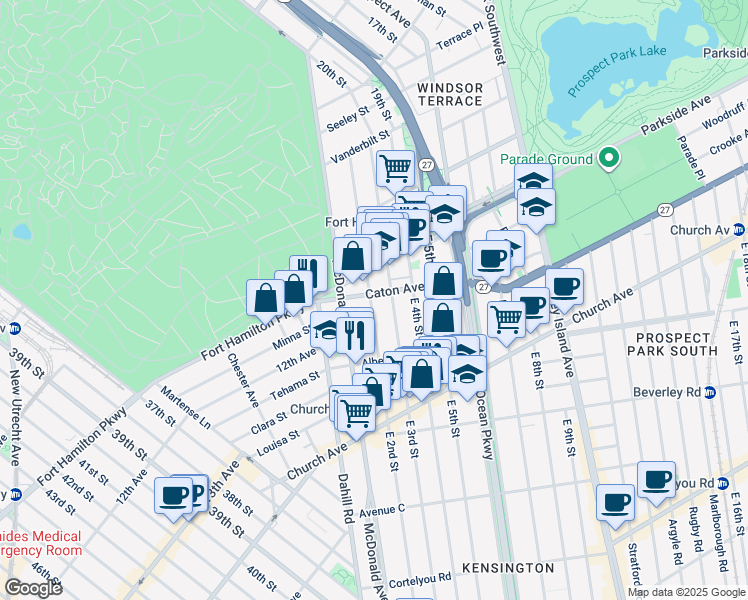 map of restaurants, bars, coffee shops, grocery stores, and more near 202 Caton Avenue in Brooklyn