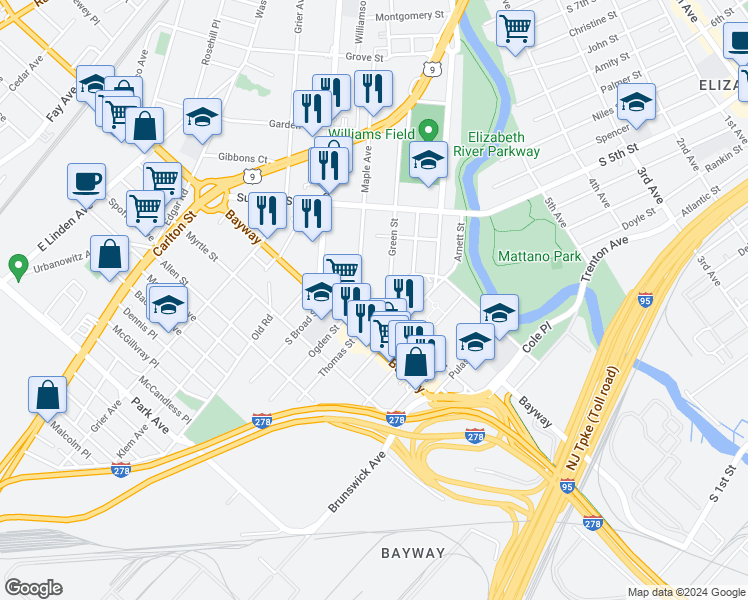 map of restaurants, bars, coffee shops, grocery stores, and more near 655 Carteret Street in Elizabeth