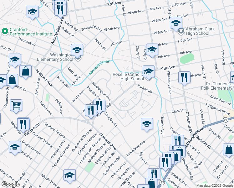 map of restaurants, bars, coffee shops, grocery stores, and more near 476 Raritan Road in Roselle