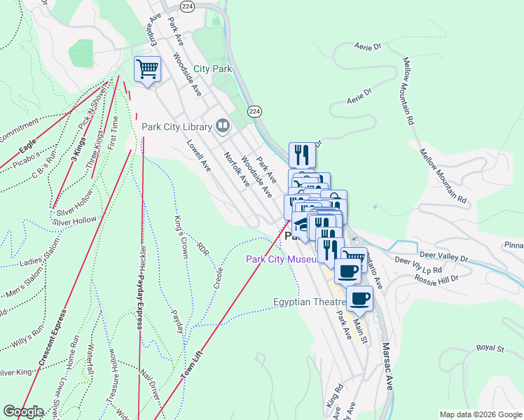 map of restaurants, bars, coffee shops, grocery stores, and more near 843 Norfolk Avenue in Park City