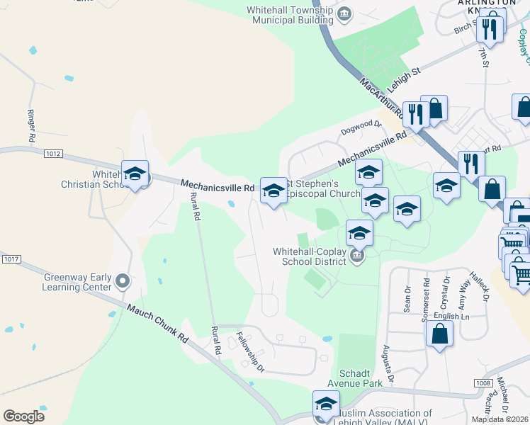 map of restaurants, bars, coffee shops, grocery stores, and more near 3900 Mechanicsville Road in Lehigh County