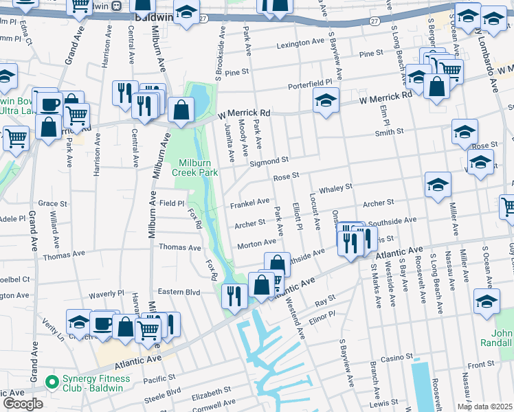 map of restaurants, bars, coffee shops, grocery stores, and more near 25 Frankel Avenue in Freeport