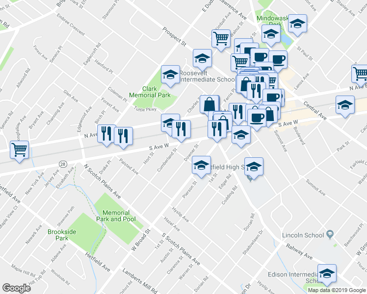 map of restaurants, bars, coffee shops, grocery stores, and more near 405 Cumberland Street in Westfield