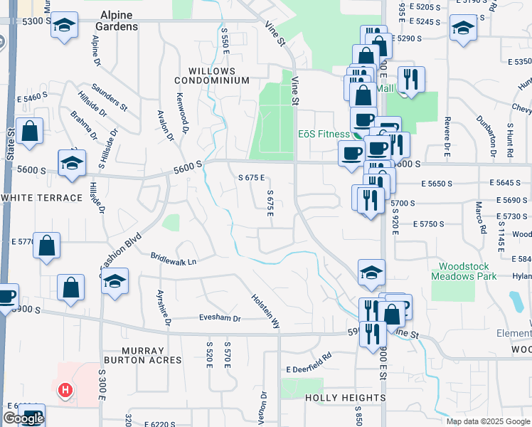 map of restaurants, bars, coffee shops, grocery stores, and more near 664 East 5720 South in Murray