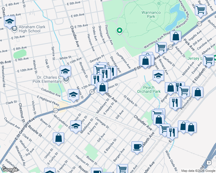 map of restaurants, bars, coffee shops, grocery stores, and more near 1220 Union Street in Linden
