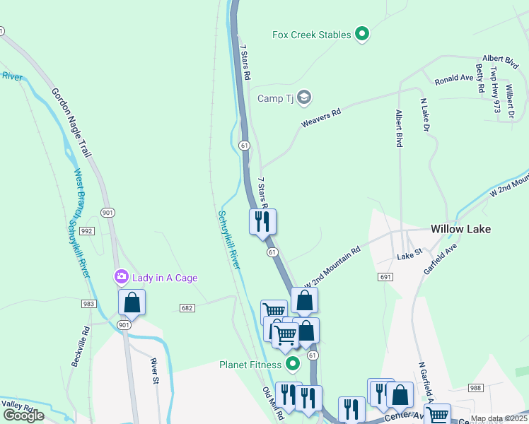 map of restaurants, bars, coffee shops, grocery stores, and more near 129 7 Stars Road in Pottsville