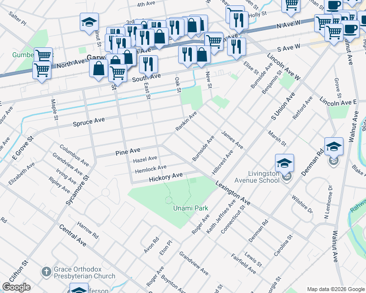 map of restaurants, bars, coffee shops, grocery stores, and more near 122 Roosevelt Avenue in Cranford