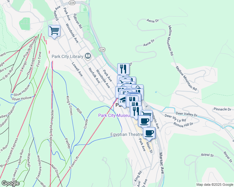 map of restaurants, bars, coffee shops, grocery stores, and more near 801 Park Avenue in Park City