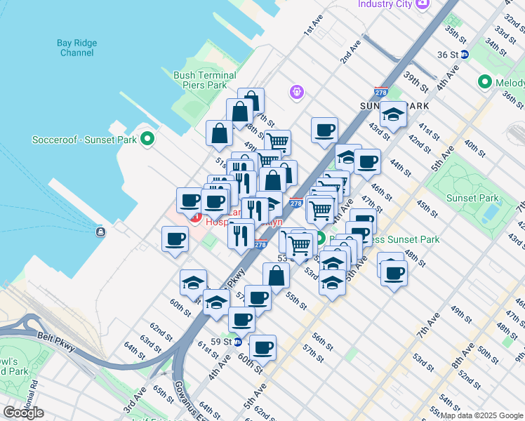 map of restaurants, bars, coffee shops, grocery stores, and more near 5114 3rd Avenue in Brooklyn