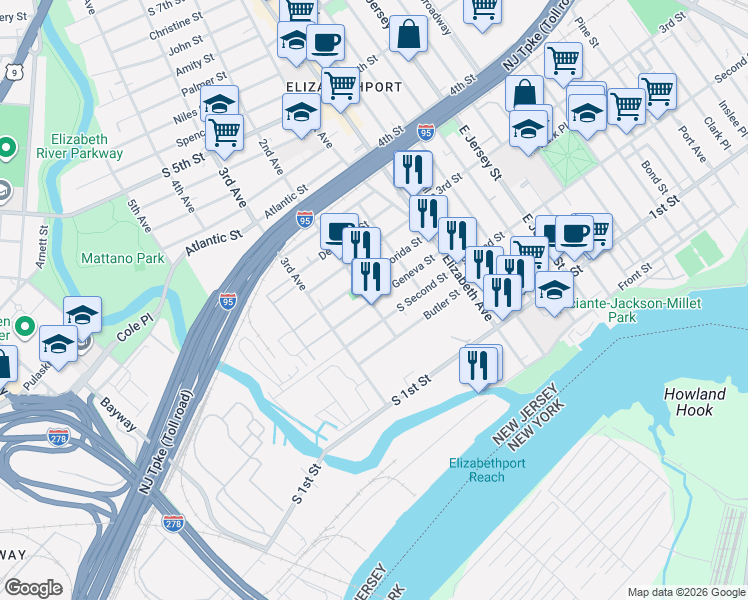 map of restaurants, bars, coffee shops, grocery stores, and more near 207 2nd Avenue in Elizabeth