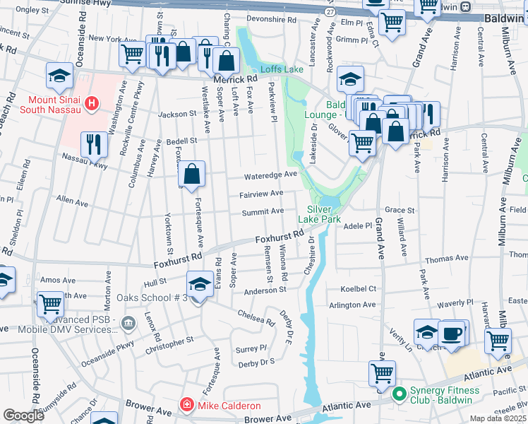 map of restaurants, bars, coffee shops, grocery stores, and more near 548 Summit Avenue in Baldwin