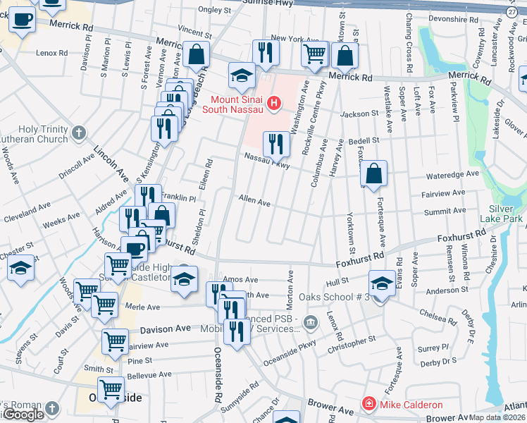 map of restaurants, bars, coffee shops, grocery stores, and more near 2595 Washington Avenue in Oceanside