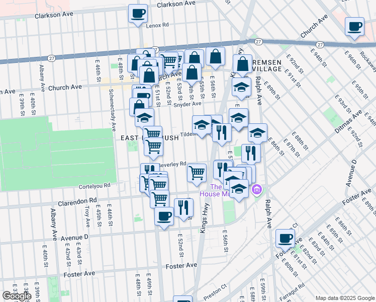 map of restaurants, bars, coffee shops, grocery stores, and more near 476 East 54th Street in Brooklyn