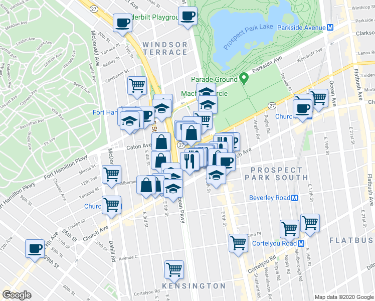 map of restaurants, bars, coffee shops, grocery stores, and more near 135 Prospect Expressway in Brooklyn
