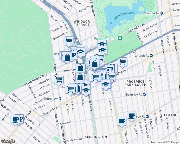 map of restaurants, bars, coffee shops, grocery stores, and more near 135 Prospect Expressway in Brooklyn