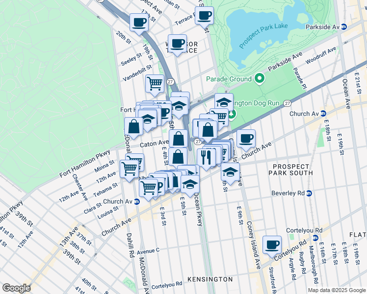 map of restaurants, bars, coffee shops, grocery stores, and more near 132 Ocean Parkway in Brooklyn