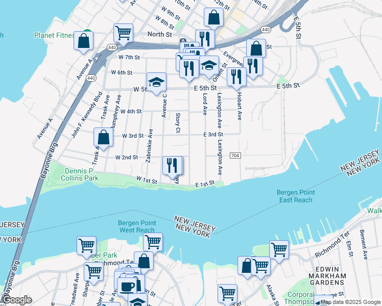 map of restaurants, bars, coffee shops, grocery stores, and more near 45 Broadway in Bayonne