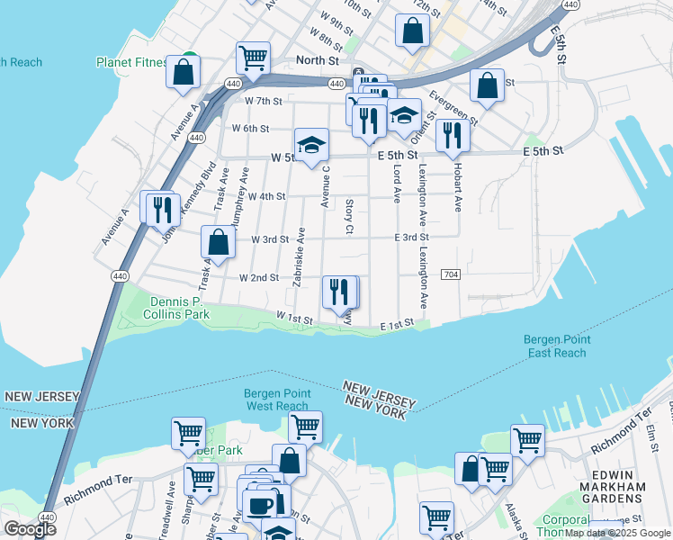 map of restaurants, bars, coffee shops, grocery stores, and more near 33 West 2nd Street in Bayonne