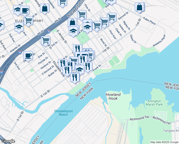 map of restaurants, bars, coffee shops, grocery stores, and more near 94 Front Street in Elizabeth