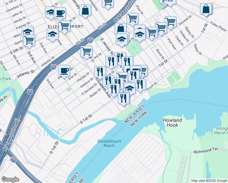 map of restaurants, bars, coffee shops, grocery stores, and more near 47 Marshall Street in Elizabeth