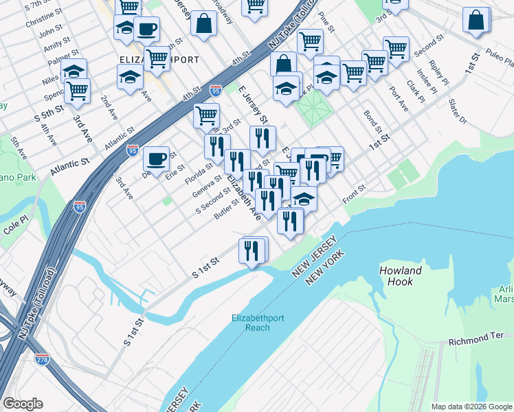 map of restaurants, bars, coffee shops, grocery stores, and more near 112 Marshall Street in Elizabeth