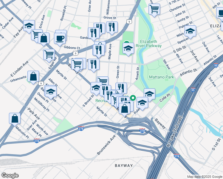 map of restaurants, bars, coffee shops, grocery stores, and more near 655 Carteret Street in Elizabeth