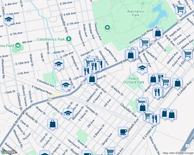 map of restaurants, bars, coffee shops, grocery stores, and more near 1220 Union Street in Linden