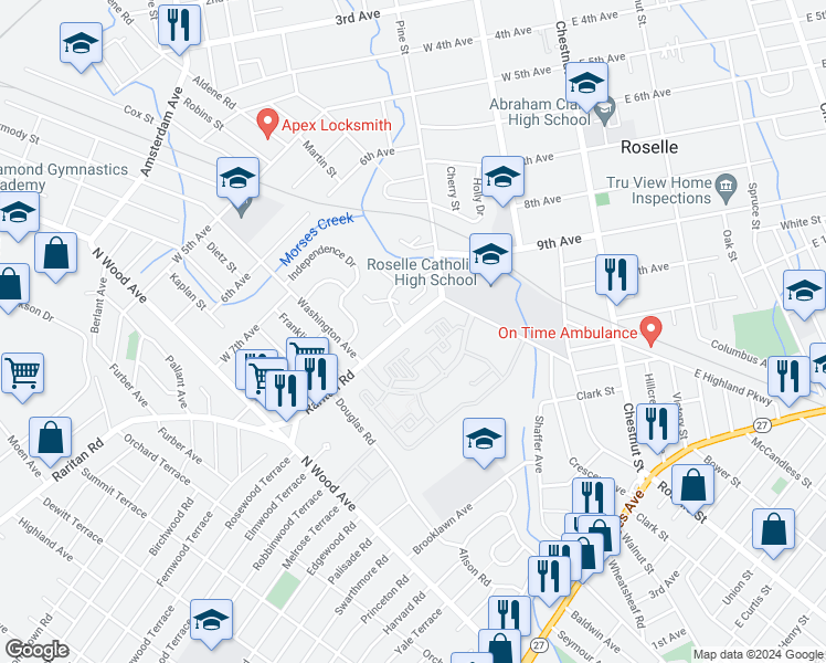 map of restaurants, bars, coffee shops, grocery stores, and more near 3701 Greenway Boulevard in Roselle