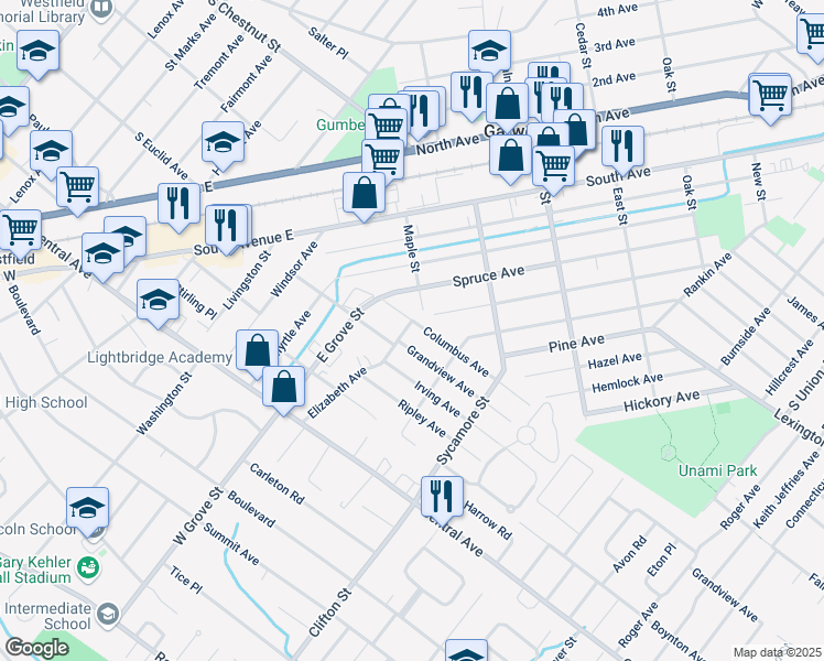 map of restaurants, bars, coffee shops, grocery stores, and more near 916 Columbus Avenue in Westfield