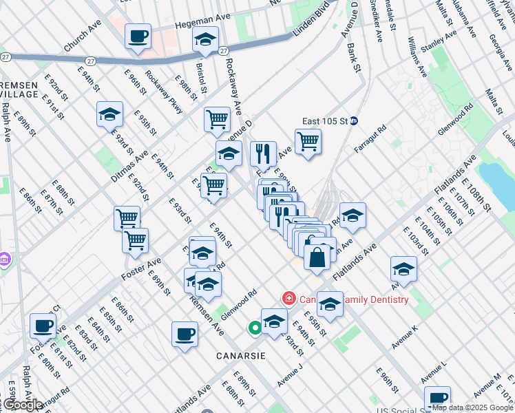 map of restaurants, bars, coffee shops, grocery stores, and more near 1322 Rockaway Parkway in Brooklyn