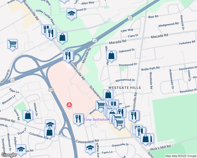 map of restaurants, bars, coffee shops, grocery stores, and more near 2707 Stonewood Drive in Bethlehem