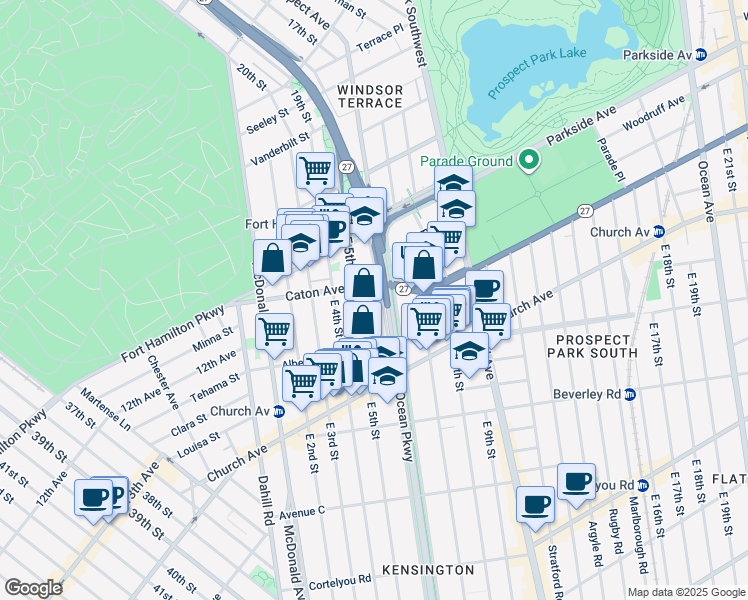 map of restaurants, bars, coffee shops, grocery stores, and more near 120 Ocean Parkway in Brooklyn