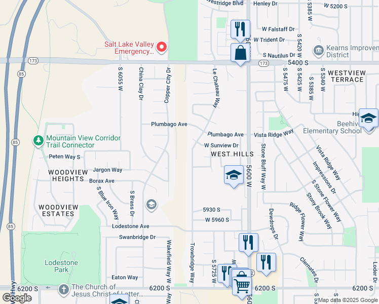 map of restaurants, bars, coffee shops, grocery stores, and more near 5716 Trowbridge Way in Kearns