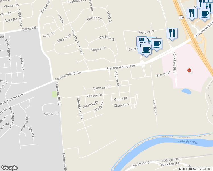 map of restaurants, bars, coffee shops, grocery stores, and more near 1943 Cabernet Place in Easton