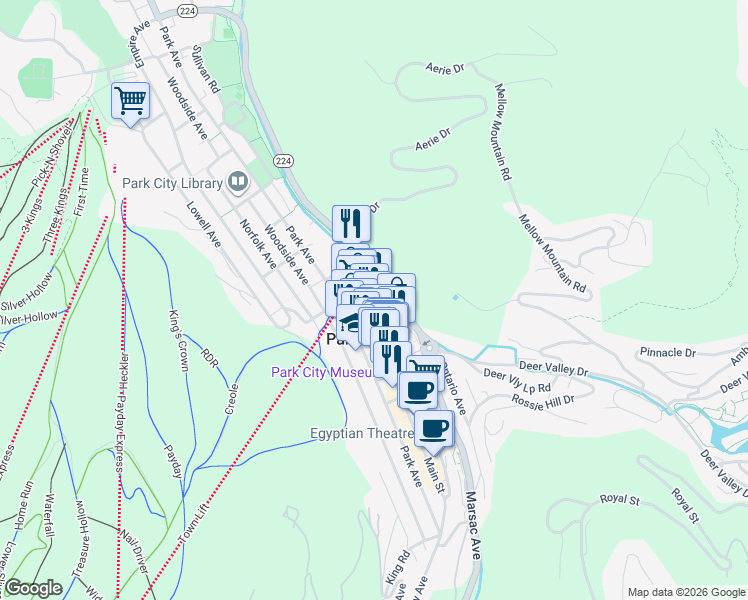 map of restaurants, bars, coffee shops, grocery stores, and more near 710 Main Street in Park City