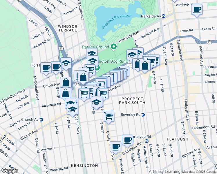 map of restaurants, bars, coffee shops, grocery stores, and more near 62 Stratford Road in Brooklyn